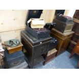 THREE VINTAGE PORTABLE GRAMOPHONES BY HMV, EDISON, AND OTHER, TOGETHER WITH TWO CABINET