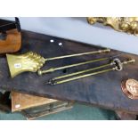 A SET OF BRASS FIRE IRONS AND COPPER PANS ETC.