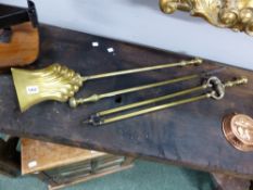 A SET OF BRASS FIRE IRONS AND COPPER PANS ETC.