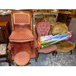 A VICTORIAN BUTTON BACK ARM CHAIR, SIMILAR SIDE CHAIR, A PIANO STOOL AND TWO NURSING CHAIRS.