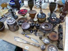 TWO MINIATURE CLOISONNE VASES ON STANDS, VARIOUS HARDWOOD CHINESE STANDS, TWO PLATED CANDELABRA'S