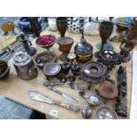 TWO MINIATURE CLOISONNE VASES ON STANDS, VARIOUS HARDWOOD CHINESE STANDS, TWO PLATED CANDELABRA'S