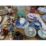 A QUANTITY OF PORCELAIN AND POTTERY FIGURINES, LUSTRE WARES, CUT GLASS, AND OTHER DECORATIVE WARES.