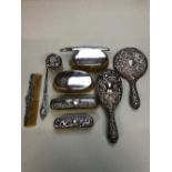 HALLMARKED SILVER PART DRESSING TABLE SET, A PAIR OF HALLMARKED SILVER CLOTHES BRUSHES ETC.