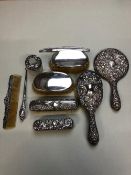 HALLMARKED SILVER PART DRESSING TABLE SET, A PAIR OF HALLMARKED SILVER CLOTHES BRUSHES ETC.