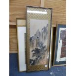 A GROUP OF FRAMED ORIENTAL PICTURES, INCLUDING FIGURE STUDIES AND LANDSCAPES, SIZES VARY.