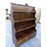 AN ANTIQUE STYLE MAHOGANY WATERFALL BOOKCASE WITH DEEP DRAWER TO BASE, W 122 X D 39 X H 158cms.