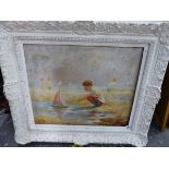 20th CENTURY SCHOOL. A BEACH SCENE OF A BOY WITH HIS POND YACHT, SIGNED INDISTINCTLY, OIL ON CANVAS,