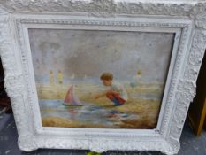 20th CENTURY SCHOOL. A BEACH SCENE OF A BOY WITH HIS POND YACHT, SIGNED INDISTINCTLY, OIL ON CANVAS,