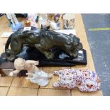 ART DECO FIGURE OF A TIGER SIGNED PAQLIAI, TOGETHER WITH A SPELTER ALSATIAN FIGURE, A SMALL DESK