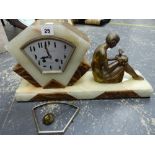 AN ART DECO MARBLE AND ONYX MANTLE CLOCK WITH SPELTER FIGURINE DIAL SIGNED G.FOUGERAY.