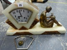 AN ART DECO MARBLE AND ONYX MANTLE CLOCK WITH SPELTER FIGURINE DIAL SIGNED G.FOUGERAY.