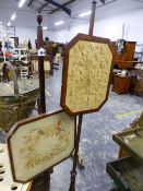 TWO 19th C. MAHOGANY POLE SCREENS WITH NEEDLE WORK PANELS.