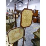 TWO 19th C. MAHOGANY POLE SCREENS WITH NEEDLE WORK PANELS.