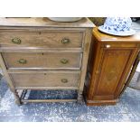 A SMALL OAK THREE DRAWER CHEST, AND A VICTORIAN DECORATED PINE BEDSIDE CABINET.