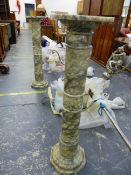 A PAIR OF LARGE MARBLE SECTIONAL DISPLAY COLUMNS, ON OCTAGONAL BASES. H 101cms, TOP PLATFORMS 25 X