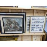 FIVE FRAMED ANTIQUE AND LATER PRINTS TO INCLUDE LANDSCAPES AND GENRE SCENES.