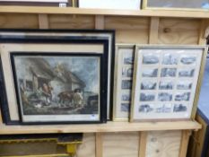 FIVE FRAMED ANTIQUE AND LATER PRINTS TO INCLUDE LANDSCAPES AND GENRE SCENES.