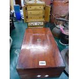 A VICTORIAN MAHOGANY WRITING BOX AND A DECORATIVE JEWELLERY CABINET WITH MUSICAL MOVEMENT.