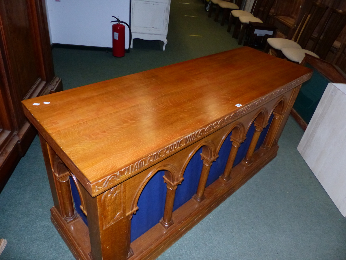 A VINTAGE ECCLESIASTICAL CARVED OAK ALTAR TABLE. - Image 5 of 7