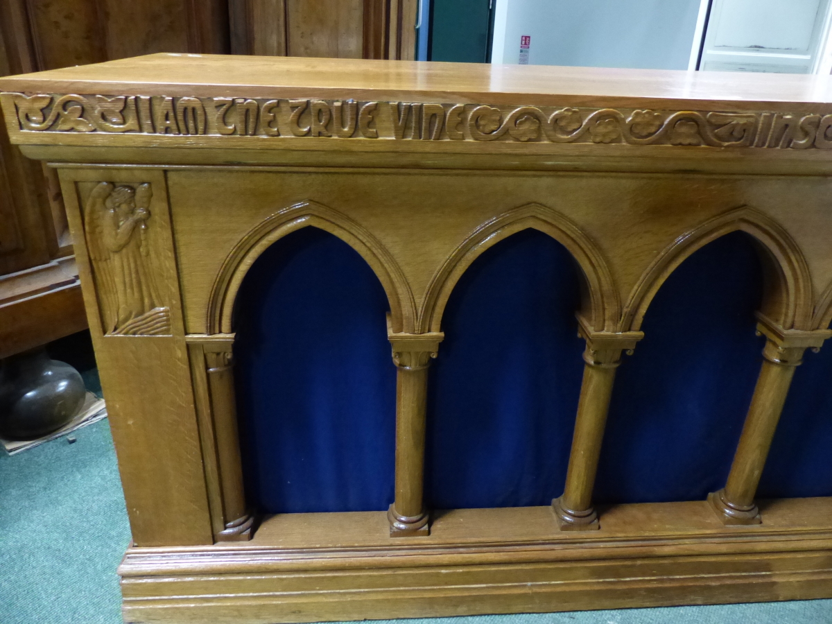 A VINTAGE ECCLESIASTICAL CARVED OAK ALTAR TABLE. - Image 2 of 7