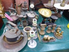 TWO SETS OF KITCHEN SCALES, VARIOUS BELL WEIGHTS, SILVER PLATED WARES ETC.
