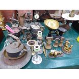 TWO SETS OF KITCHEN SCALES, VARIOUS BELL WEIGHTS, SILVER PLATED WARES ETC.