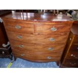 AN EARLY 19th C. MAHOGANY BOW FRONT CHEST OF TWO SHORT AND THREE LONG DRAWERS. W 106 X D 51 X H