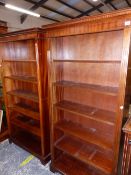 TWO SIMILAR MODERN MAHOGANY OPEN BOOK CASES, WITH ADJUSTABLE SHELVES. EACH MEASURING APPROX W 91 X D
