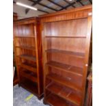 TWO SIMILAR MODERN MAHOGANY OPEN BOOK CASES, WITH ADJUSTABLE SHELVES. EACH MEASURING APPROX W 91 X D