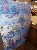 A GROUP OF EIGHT CHINOISERIE DECORATED LINEN WALL PANELS. FIVE SMALLEST PANELS W 61 X H 146cms,
