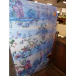 A GROUP OF EIGHT CHINOISERIE DECORATED LINEN WALL PANELS. FIVE SMALLEST PANELS W 61 X H 146cms,