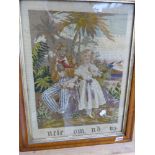 AN ANTIQUE NEEDLEPOINT PANEL, UNCLE TOM AND EVA, IN A MAPLE FRAME. 48 X 36