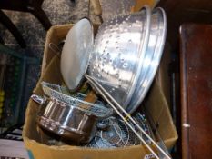 A QUANTITY OF KITCHEN PANS, STORAGE JARS, CUSHIONS ETC.