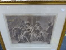 AN ANTIQUE PRINT AFTER BARTOLOZZI, TOGETHER WITH A BEVEL PLATE DECORATIVE MIRROR.