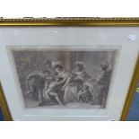 AN ANTIQUE PRINT AFTER BARTOLOZZI, TOGETHER WITH A BEVEL PLATE DECORATIVE MIRROR.