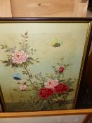 20th.C. ORIENTAL SCHOOL. FLOWERS WITH BUTTERFLIES. OIL ON CANVAS. SIGNED WITH SEAL AND CHARACTERS.