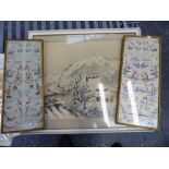 TWO FRAMED PAIRS OF CHINESE SILKWORK SLEEVE BANDS, TOGETHER WITH AN ORIENTAL WATERCOLOUR OF A WINTER