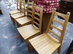 A SET OF SIX TAPERED LADDER BACK SLAT SEATED SIDE CHAIRS. SEAT HEIGHT 45cms, TOGETHER WITH THREE