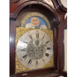 A 19th C. MAHOGANY AND INLAID LONG CASE CLOCK WITH 8 DAY SILVERED AND BRASS DIAL WITH MOON PHASE,