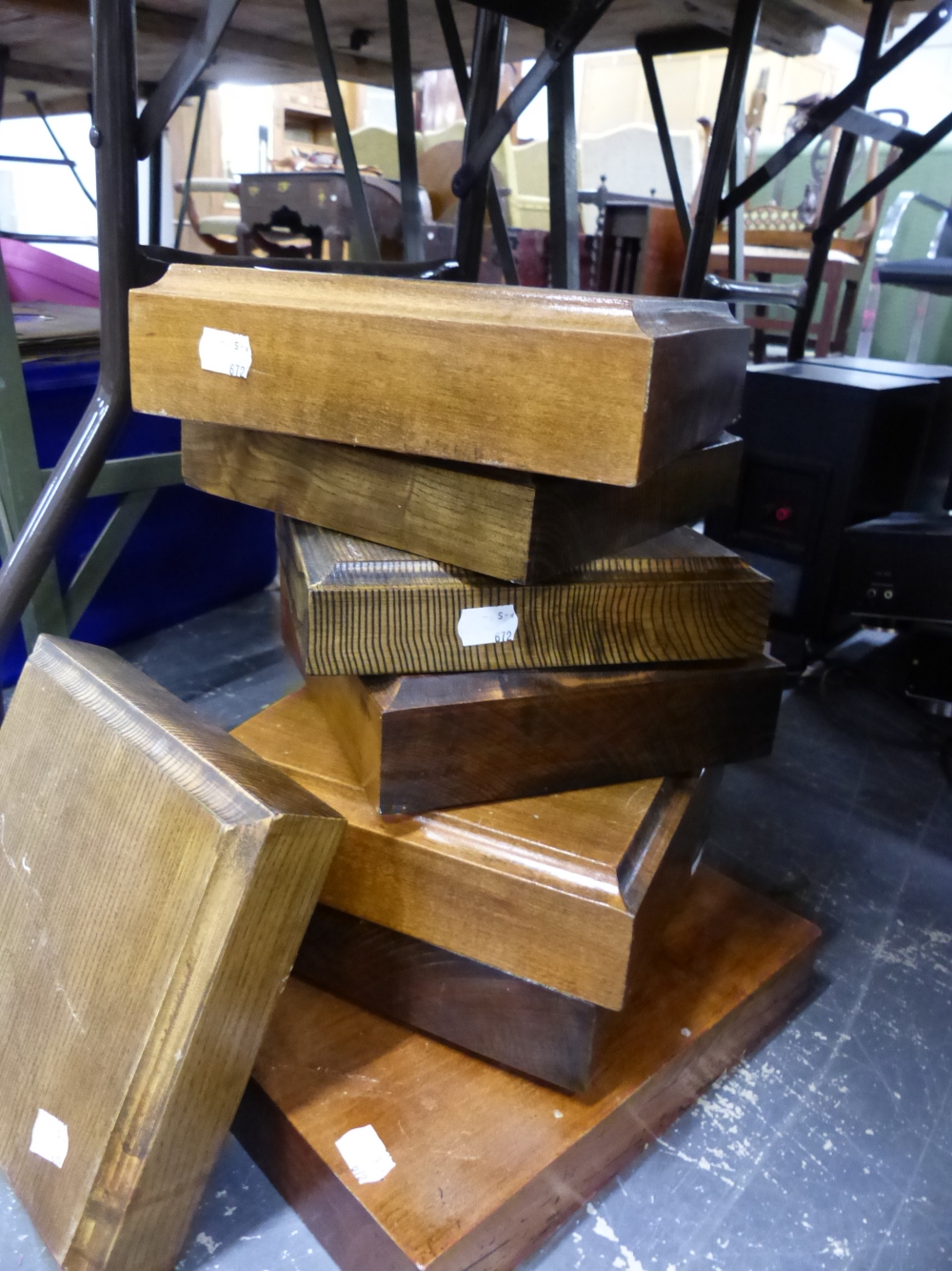 EIGHT VARIOUS WOODEN DISPLAY PLINTHS.