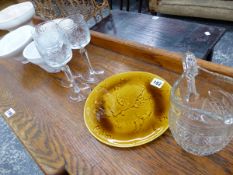 FOUR ANTIQUE JELLY MOULDS, A FRENCH POTTERY PLATE DEPICTING ACROBATS ETC.
