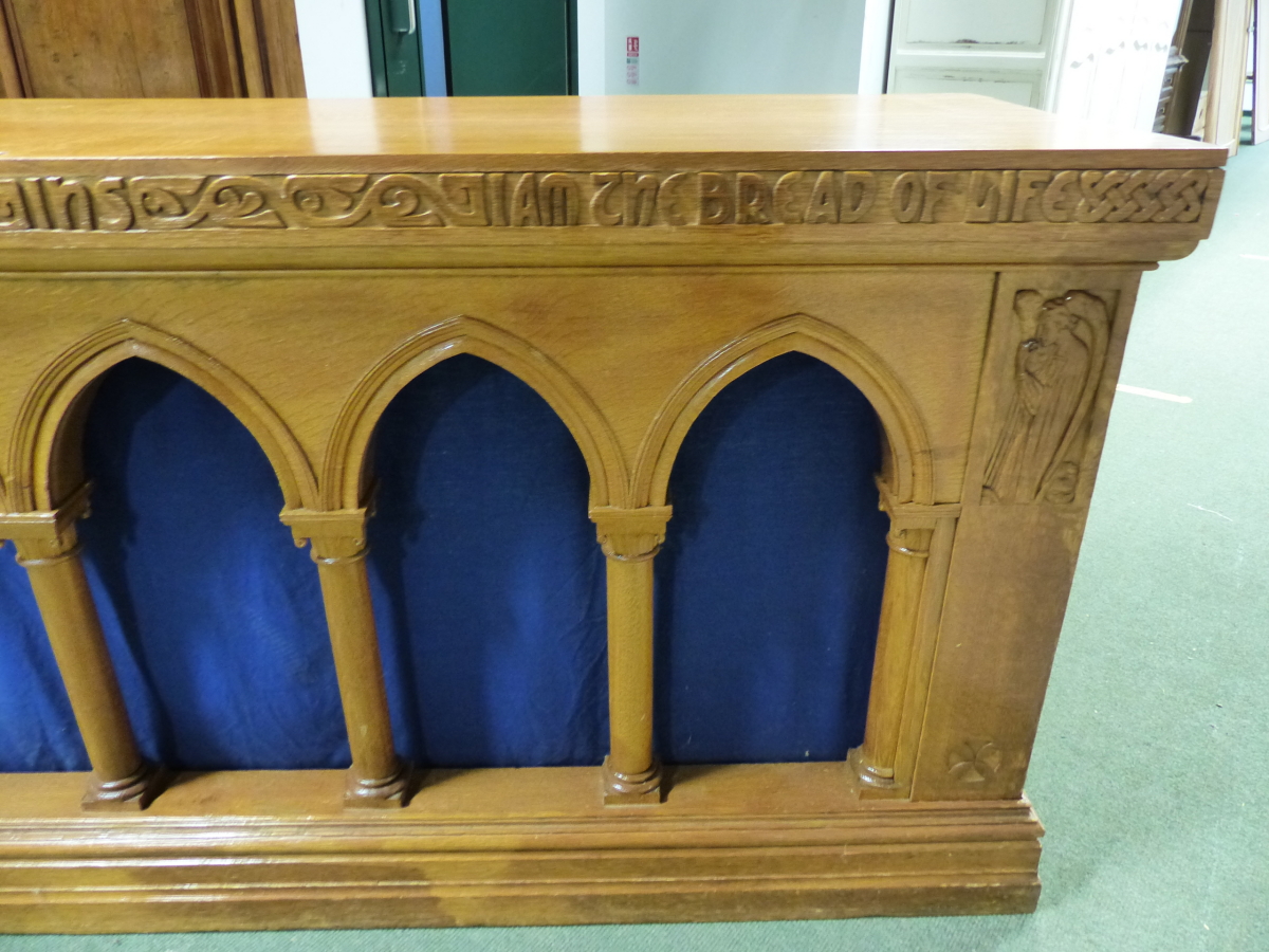 A VINTAGE ECCLESIASTICAL CARVED OAK ALTAR TABLE. - Image 3 of 7