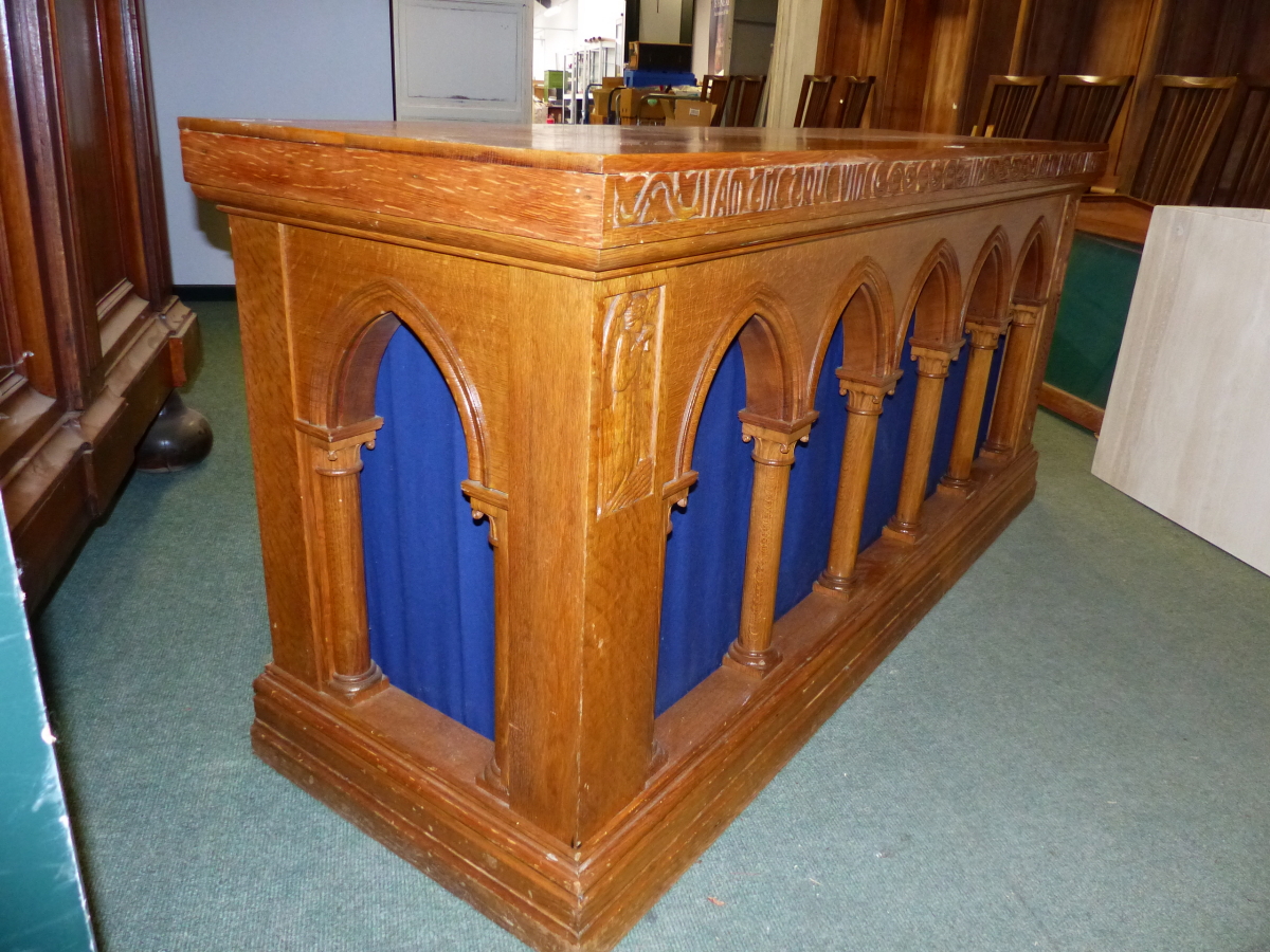 A VINTAGE ECCLESIASTICAL CARVED OAK ALTAR TABLE. - Image 6 of 7