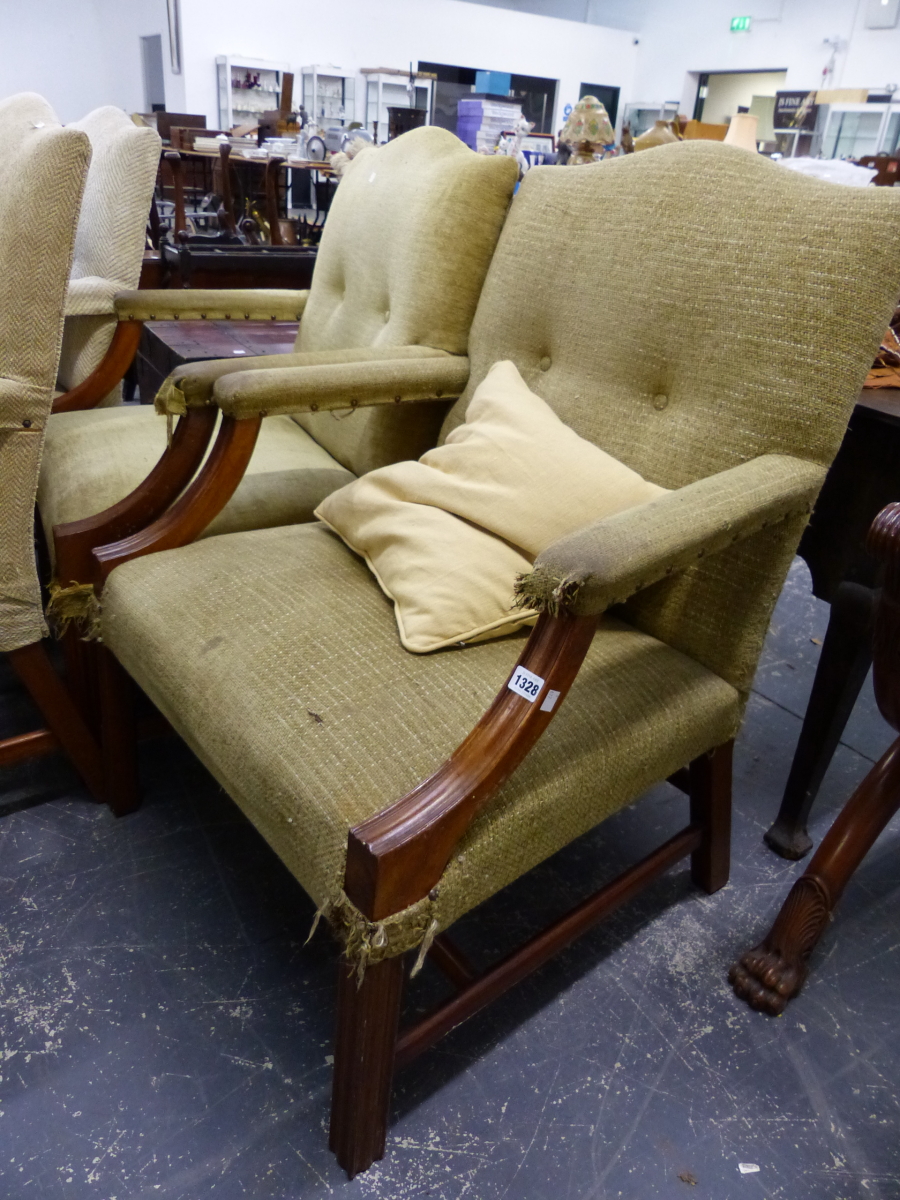 A PAIR OF LARGE GEORGE III STYLE GAINSBOROUGH OPEN ARM CHAIRS.