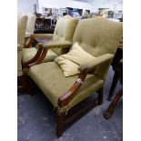 A PAIR OF LARGE GEORGE III STYLE GAINSBOROUGH OPEN ARM CHAIRS.