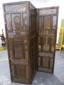 AN EASTERN THREE FOLD PIERCED HARDWOOD SCREEN. W 153 X H 184cms.