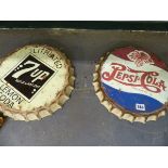 TWO VINTAGE STYLE OVERSIZED PEPSI COLA AND 7UP BOTTLE CAP ADVERTISING SIGNS.