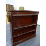 A VICTORIAN MAHOGANY SMALL OPEN BOOK CASE WITH ADJUSTABLE SHELVES. W 116 X D 33 X H 123cms.