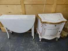 A SMALL FRENCH STYLE PAINTED BEDSIDE CABINET AND AN EDWARDIAN SUTHERLAND TABLE.